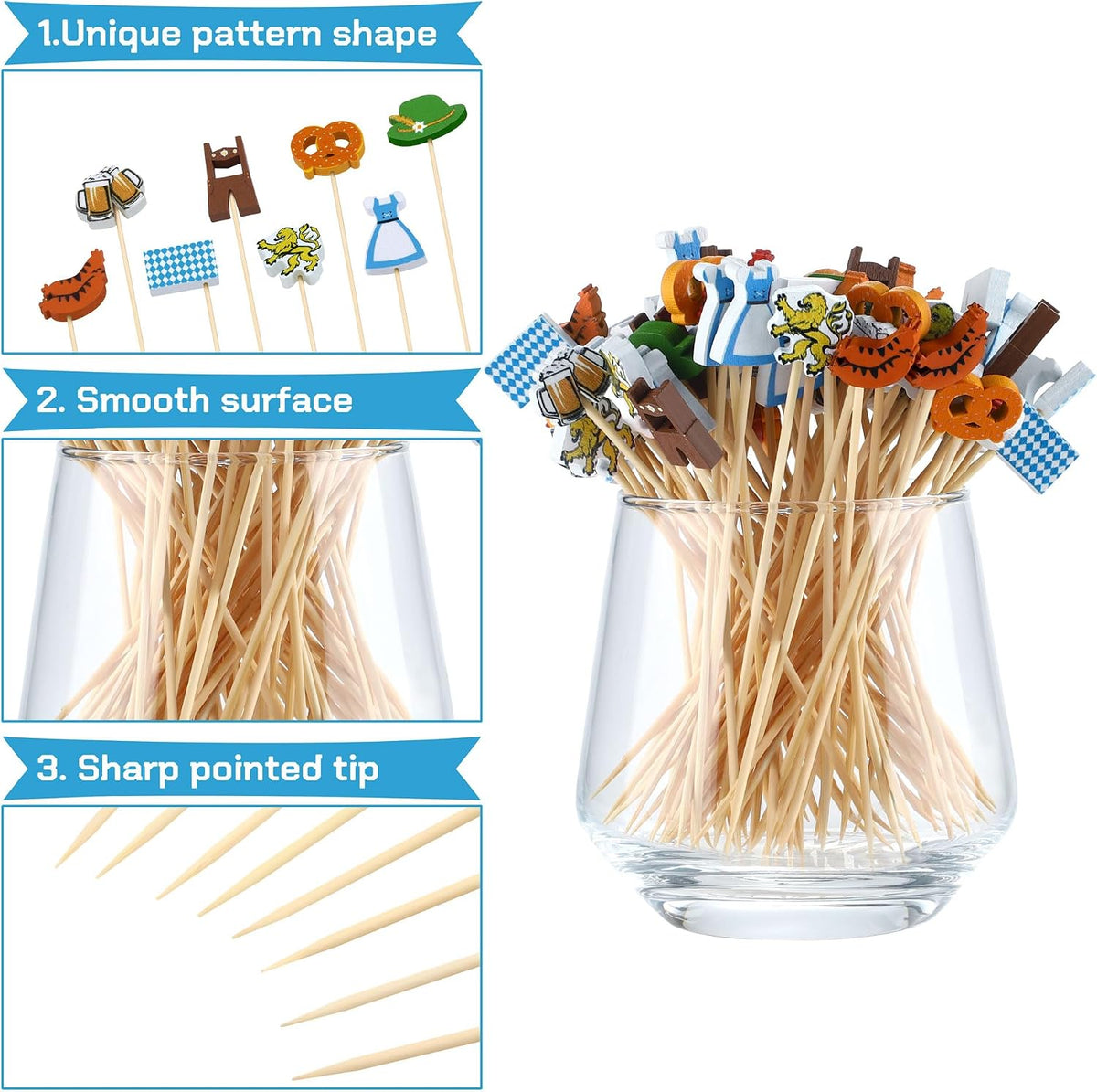 Aodaer 200 Pieces Oktoberfest Wooden Cocktail Picks Appetizer Fruits Bamboo Toothpicks Decorative Cocktail Sticks with Bavarian Flag for Fruits Dessert Appetizer Party Supplies