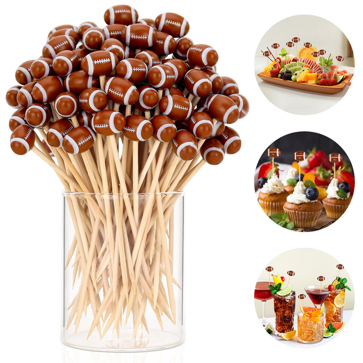 50 Pcs Football Toothpicks, 4.72 Inch Football Cocktail Picks for Appetizers, Long Bamboo Toothpicks, Decorative Toothpicks Skewers for Holiday Birthday Party Decorations (Football 3D)