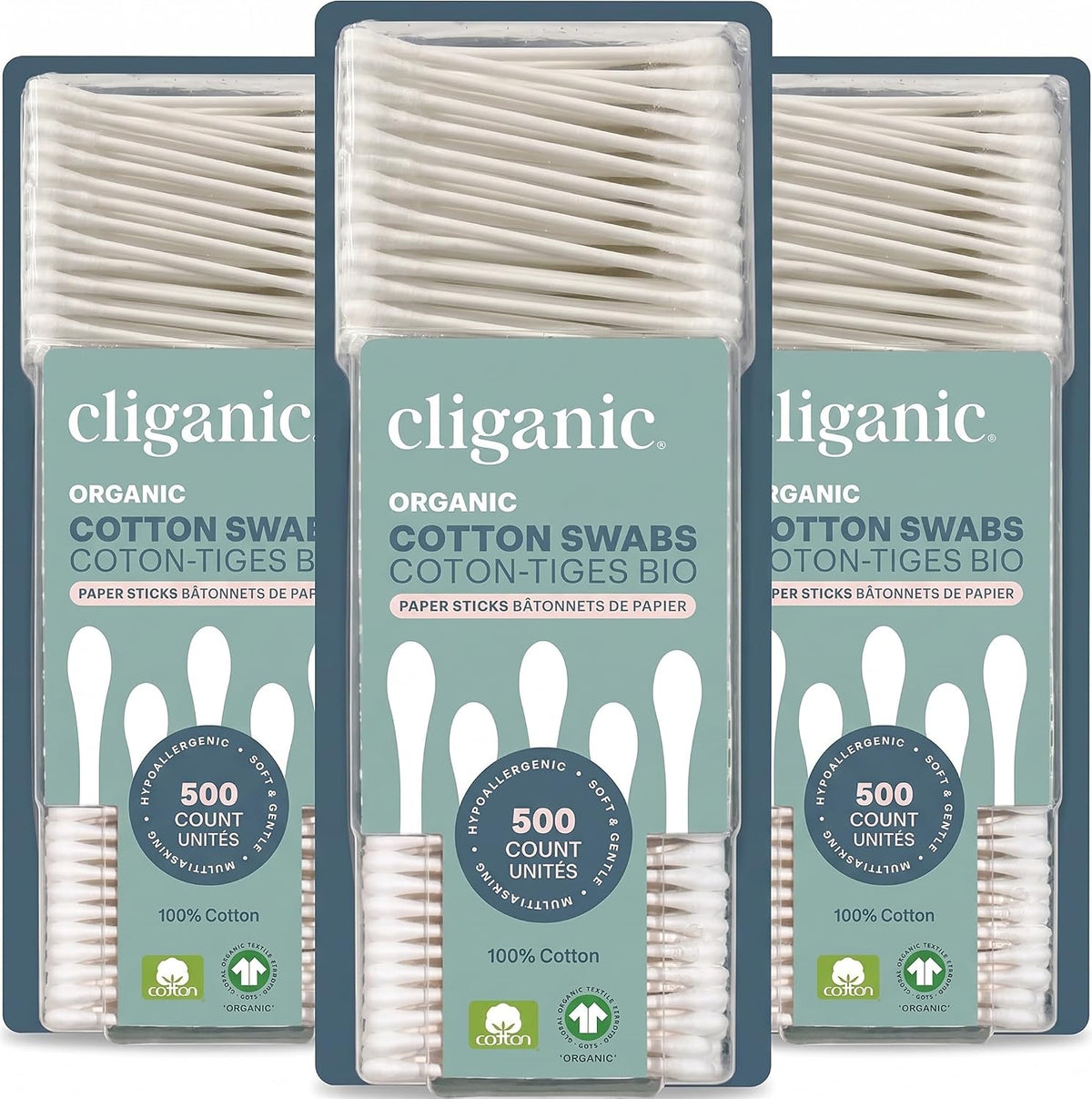 Cliganic Organic Cotton Swabs, 1500 Count - 100% Pure Natural Cotton, Chlorine-Free Hypoallergenic, Soft, Gentle & Absorbent Buds