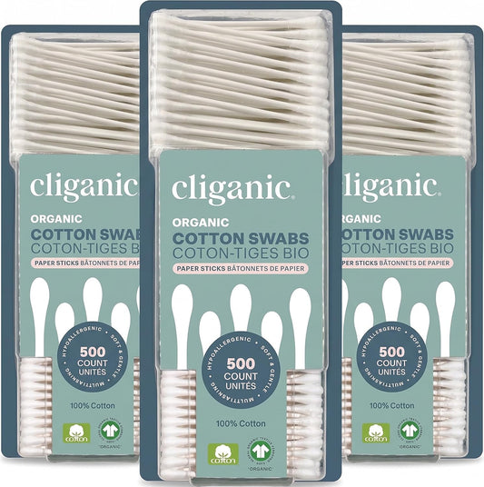 Cliganic Organic Cotton Swabs, 1500 Count - 100% Pure Natural Cotton, Chlorine-Free Hypoallergenic, Soft, Gentle & Absorbent Buds