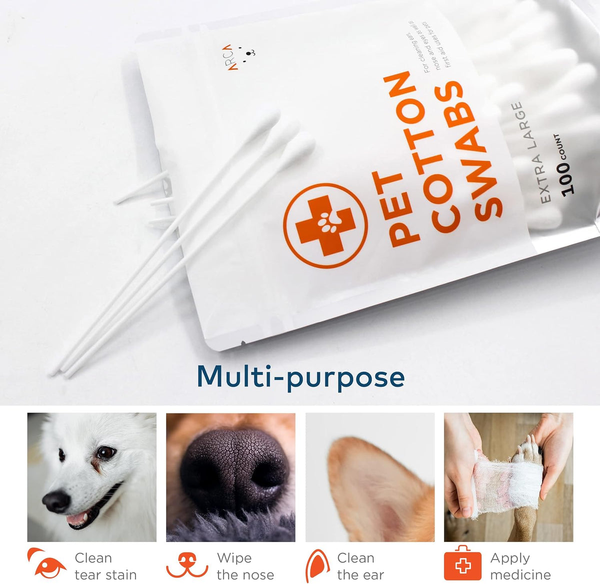ARCA PET Cotton Swabs for Dogs and Cats - Cat & Dog Ear Cleaner Long Cotton Swab - Extra Large Cotton Head, Cat & Dog Ear Cleaning Kit for Puppies, Multipurpose Pet Cotton Swabs (Extra Large 100 Buds)
