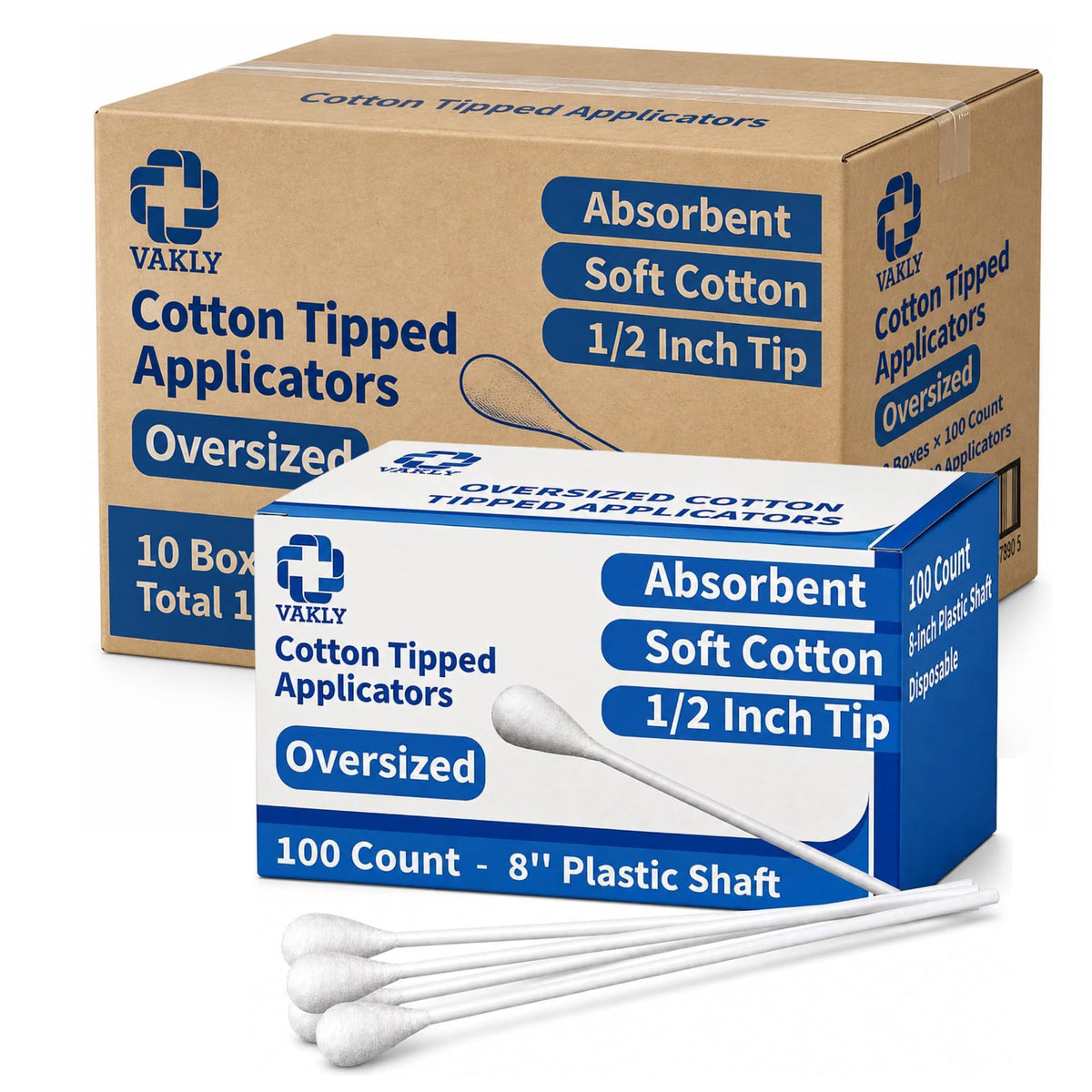 Vakly Oversized Cotton Tipped Applicators, Large 1/2" Cotton Swabs, 100 Pk