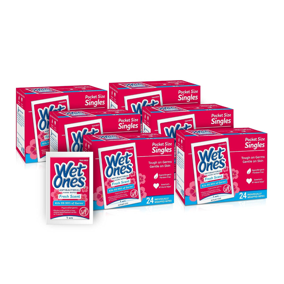 Wet Ones Singles Antibacterial Hand Wipes, Fresh Scent, 24 ct (6 Pack)