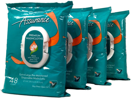 Assurance Premium Pre-moistened Disposable Washcloths, Extra Large, 48ct, Multipack of 4 (192 Wipes Total)