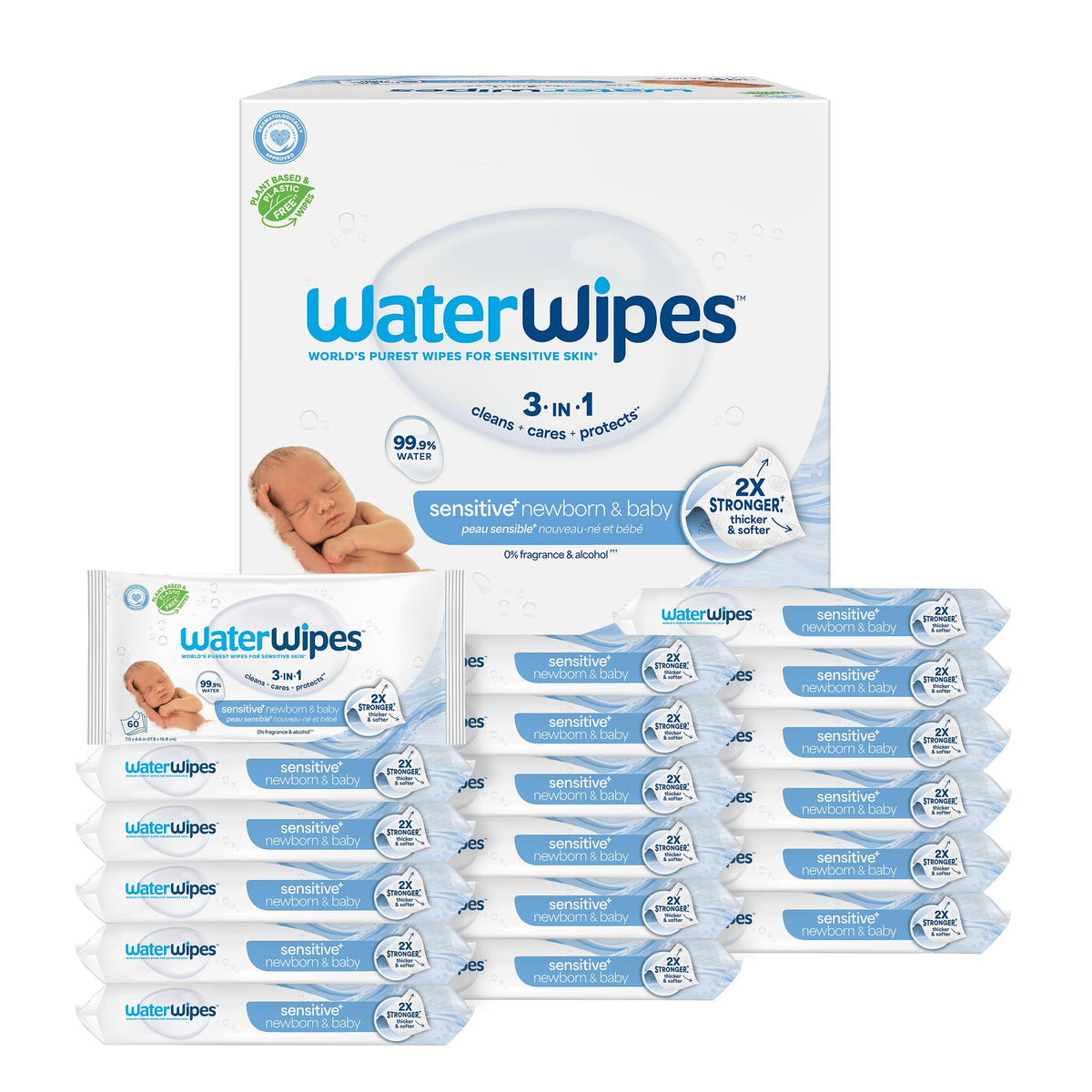 WaterWipes Sensitive+ Newborn & Baby Wipes, 3-In-1 Cleans, Cares, Protects, 99.9% Water, Unscented & Hypoallergenic, 300 Count (5 Packs)