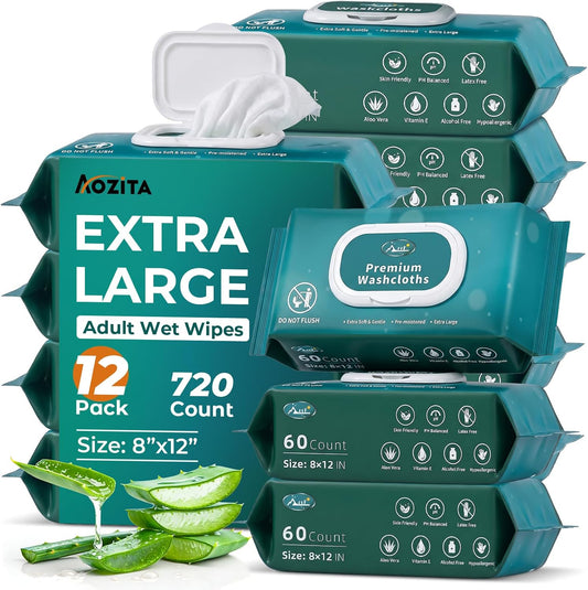 720 Count (12 Packs of 60) Wipes for Adults, 8" x 12" Extra Large Wet Wipes for Incontinence & Cleansing, Disposable Body Shower & Bath Wipes for Elderly Bathing No-Rinse - Vitamin E & Aloe