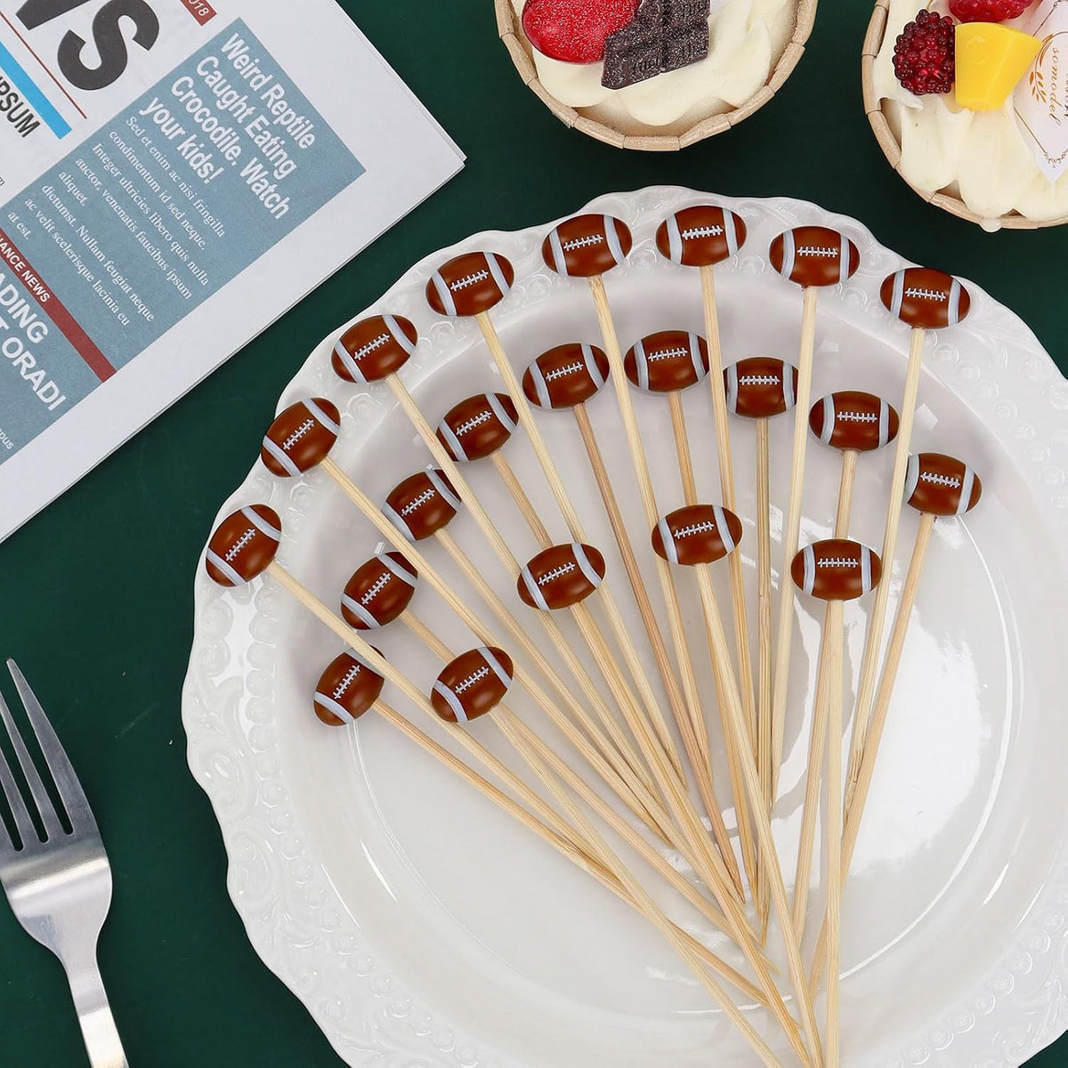 50 Pcs Football Toothpicks, 4.72 Inch Football Cocktail Picks for Appetizers, Long Bamboo Toothpicks, Decorative Toothpicks Skewers for Holiday Birthday Party Decorations (Football 3D)