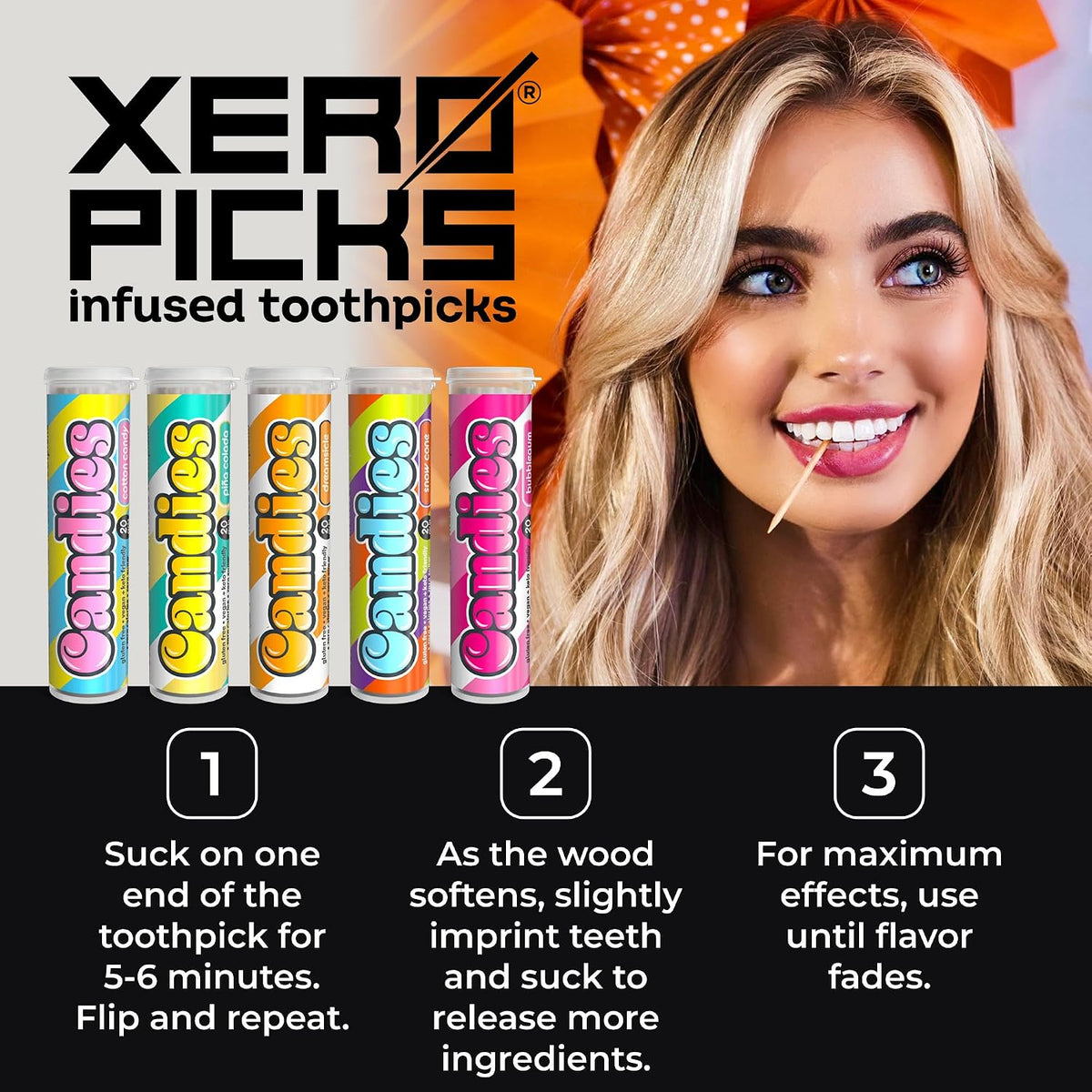 Xero Picks Candies - Infused Flavored Toothpicks (Candies Variety, 5 Pack - 100 Picks) Bubblegum, Pina Colada, Orange Creamsicle, Cotton Candy, Snow Cone and Candy Cane