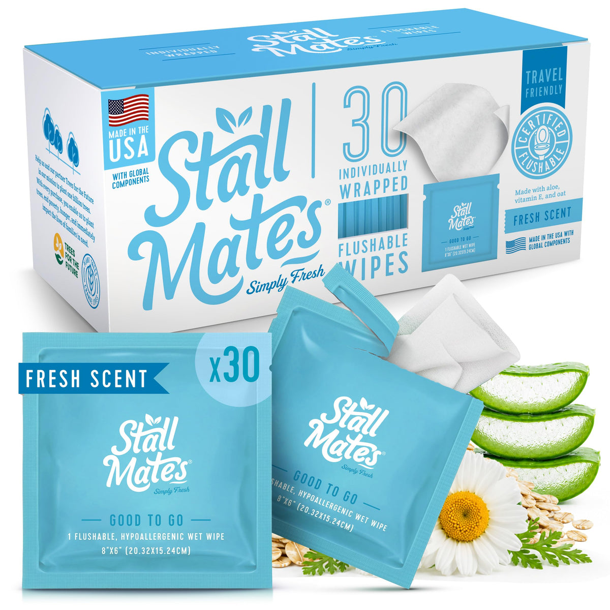 Stall Mates Flushable Wipes, Individually Wrapped, Unscented, 30 Count