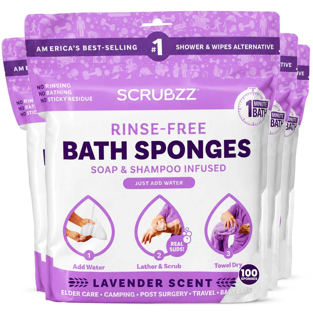 Scrubzz Disposable No Rinse Bathing Wipes - All-in-1 Single Use Shower Wipes, Simply Dampen, Lather, and Dry Without Shampoo or Rinsing (Unscented, 2-Pack)