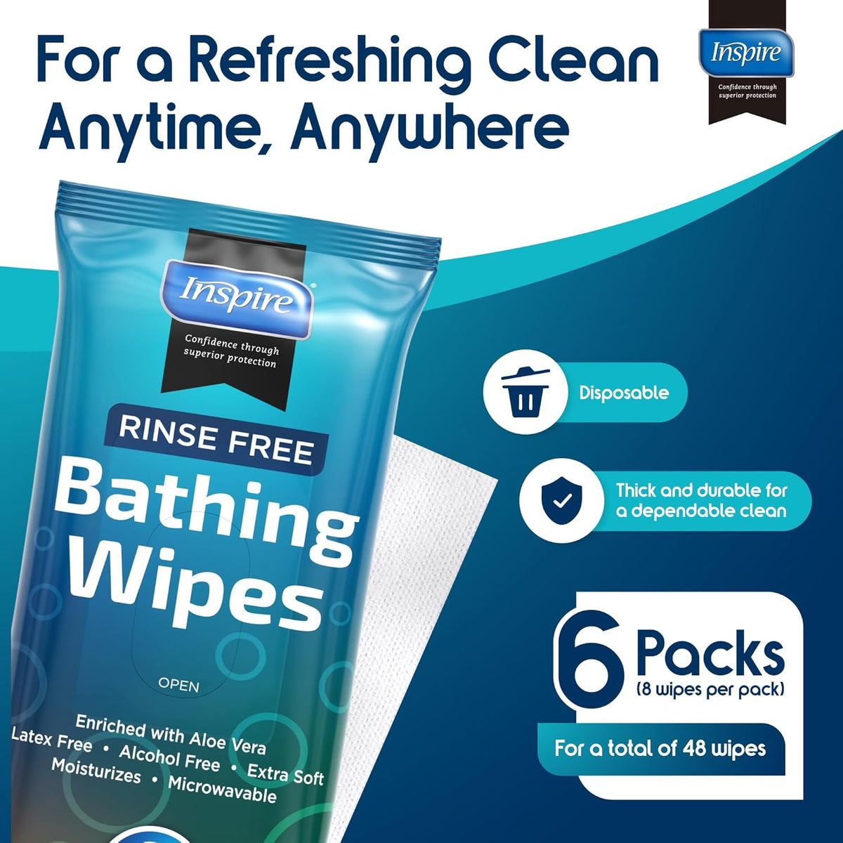 Bathing Wipes for adults bathing rinse free | Adult Wash Cloths Extra Large, Bathing Wipes for Incontinence, 8"x 8" In (48 count) | By Inspire