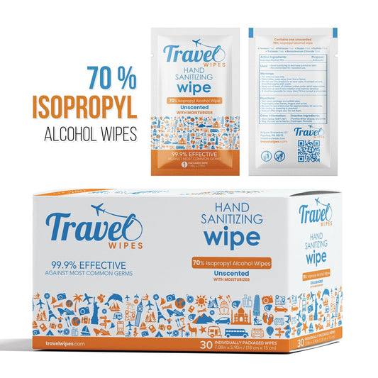 Hand Sanitizing Travel Wipes – 30ct Individually Wrapped | Fragrance-Free, Moisturizing, 70% Isopropyl Alcohol Wipes | Travel, Home, Office, Daily Use