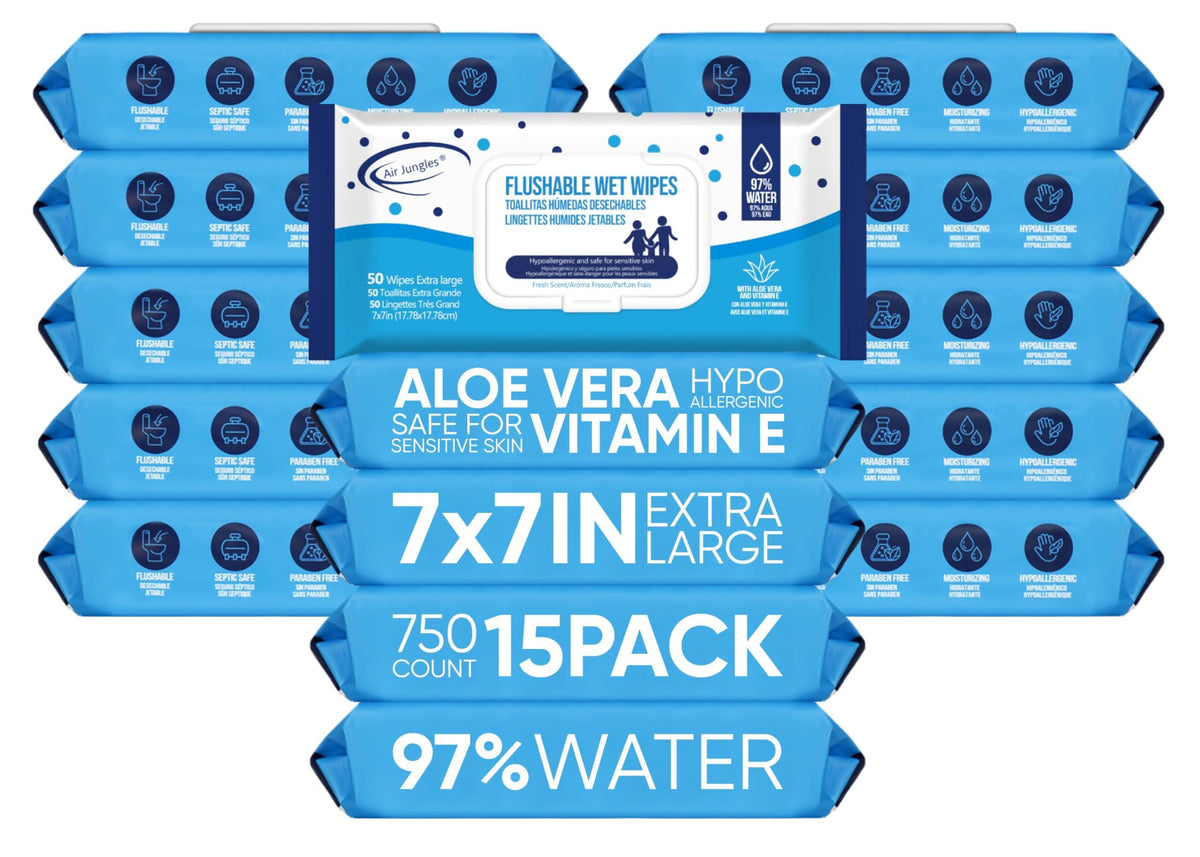 Air Jungles Flushable Wipes 300 Ct 6-Pack, Adult and Kid, XL 7x7 Inch