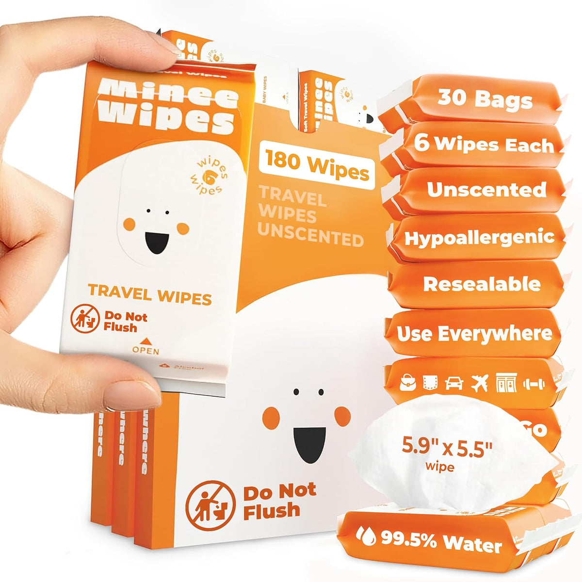 Impossibly Compact Travel Wipes - 99.5% Water - Safe for Sensitive Skin & Hypoallergenic, Resealable, Thick & Durable - For Adults & Kids - Unscented, 30 Pack Total 180 Wipes