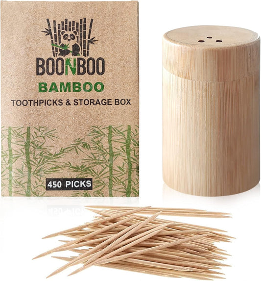 BOONBOO Bamboo Toothpicks and Holder, Double-Sided, 450 Counts