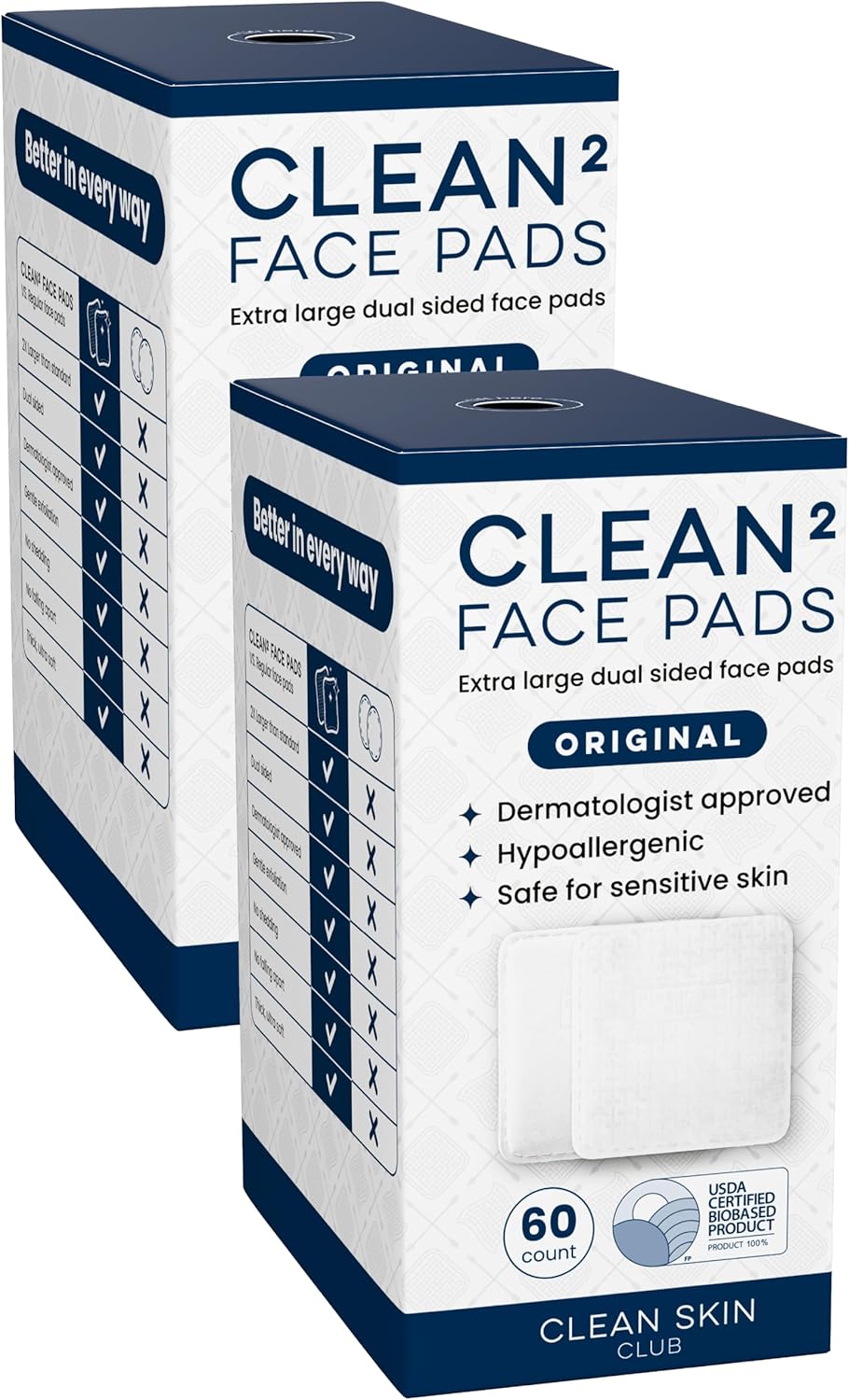 Clean Skin Club Clean² Pads 2.0 [NEW & Improved Edges] Guaranteed Not to Shed & Tear, Unique Triple Layers, Textured Side & Ultra Soft Side, Organic Disposable Cotton, Pair with Makeup Remover 2 Pack