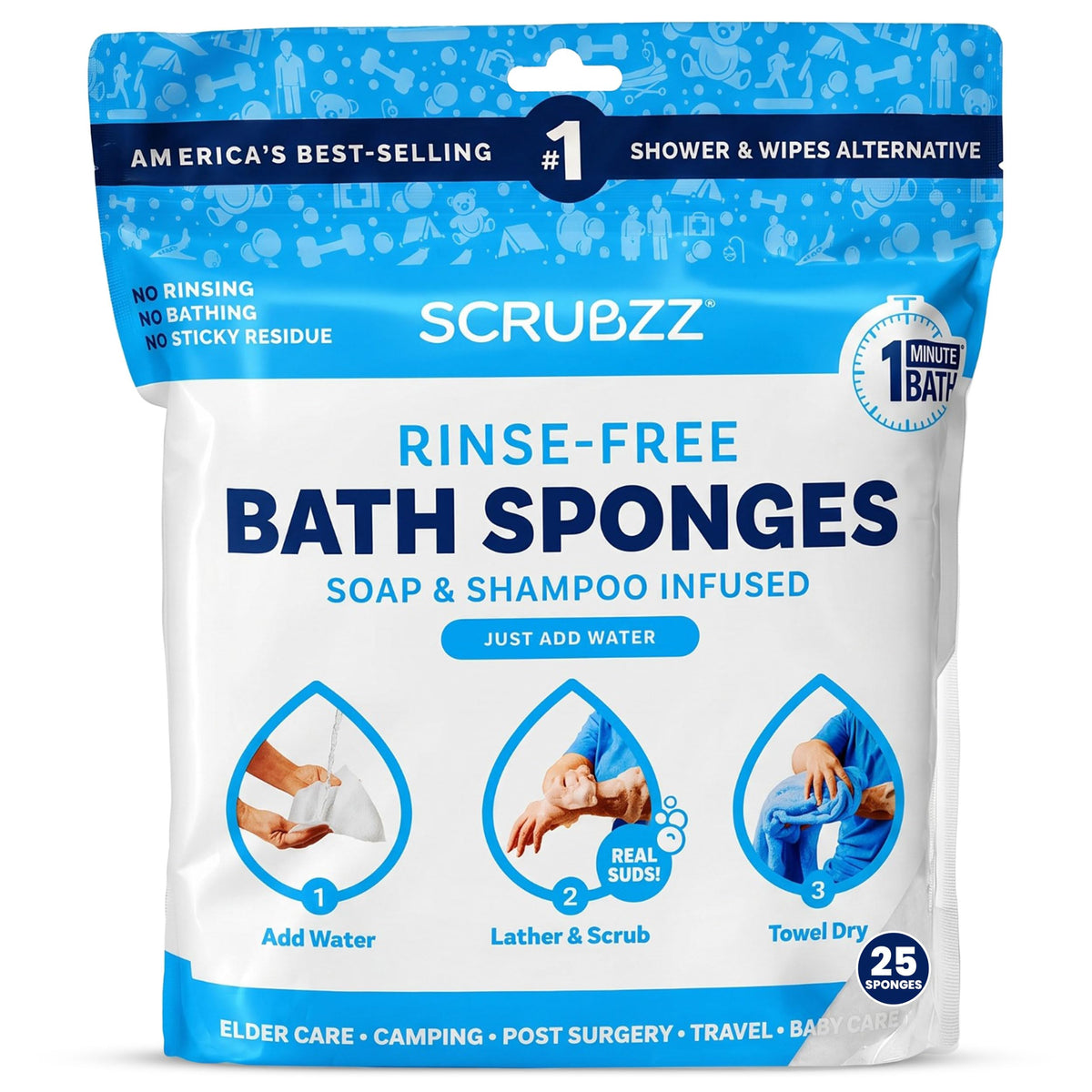 Scrubzz Disposable No Rinse Bathing Wipes - All-in-1 Single Use Shower Wipes, Simply Dampen, Lather, and Dry Without Shampoo or Rinsing (Unscented, 2-Pack)