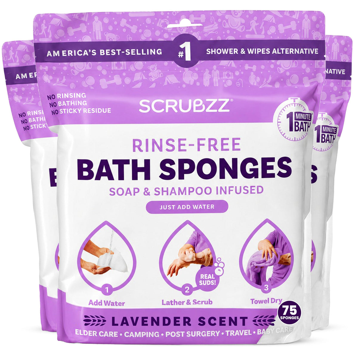 Scrubzz Disposable No Rinse Bathing Wipes - All-in-1 Single Use Shower Wipes, Simply Dampen, Lather, and Dry Without Shampoo or Rinsing (Unscented, 2-Pack)