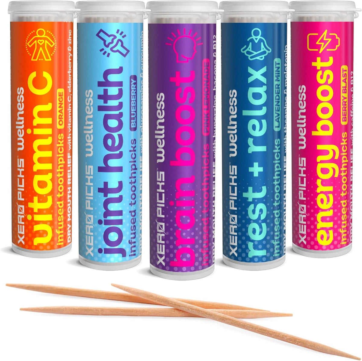 Xero Picks Wellness Flavored Toothpicks - Brain Boost, Immunity, Rest & Relax, Joint Health, and Energy Boost - 100 Picks (Variety, 5 Pack) Kosher - Sugar Free