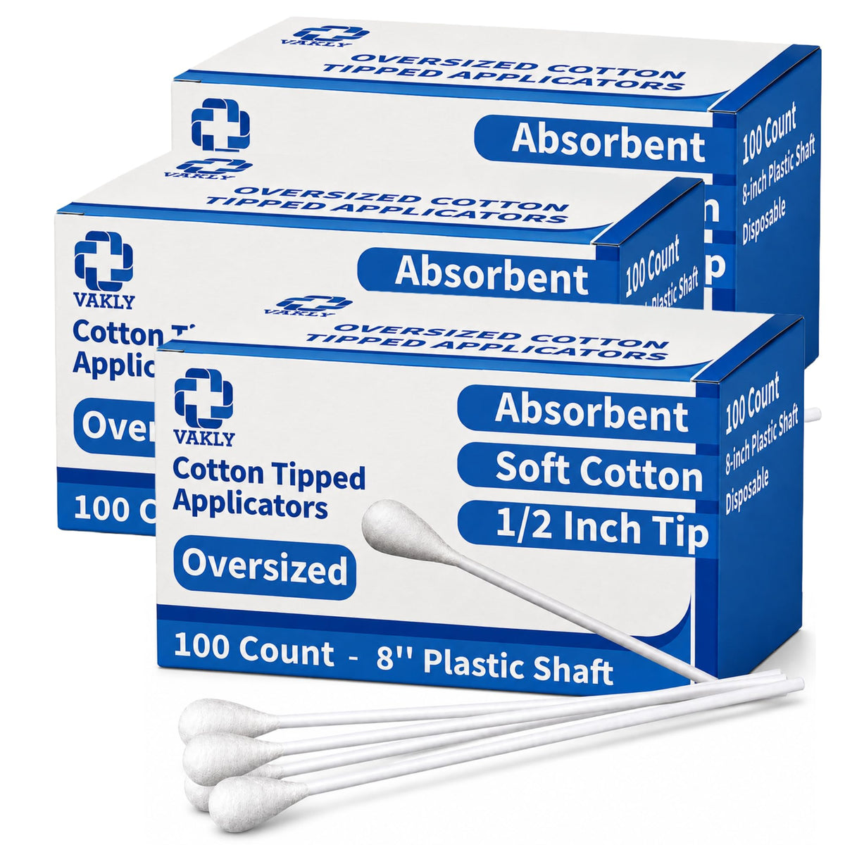 Vakly Oversized Cotton Tipped Applicators, Large 1/2" Cotton Swabs, 100 Pk