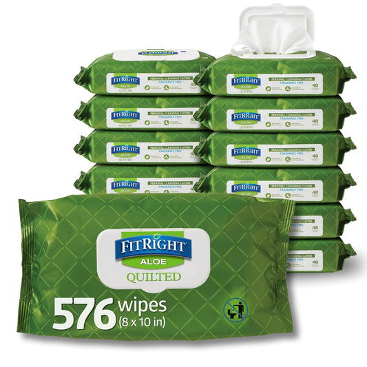 FitRight Aloe Quilted Heavyweight Personal Cleansing Cloth Wipes, Unscented, 576 Count, 8 x 12 inch Adult Large Incontinence Wipes