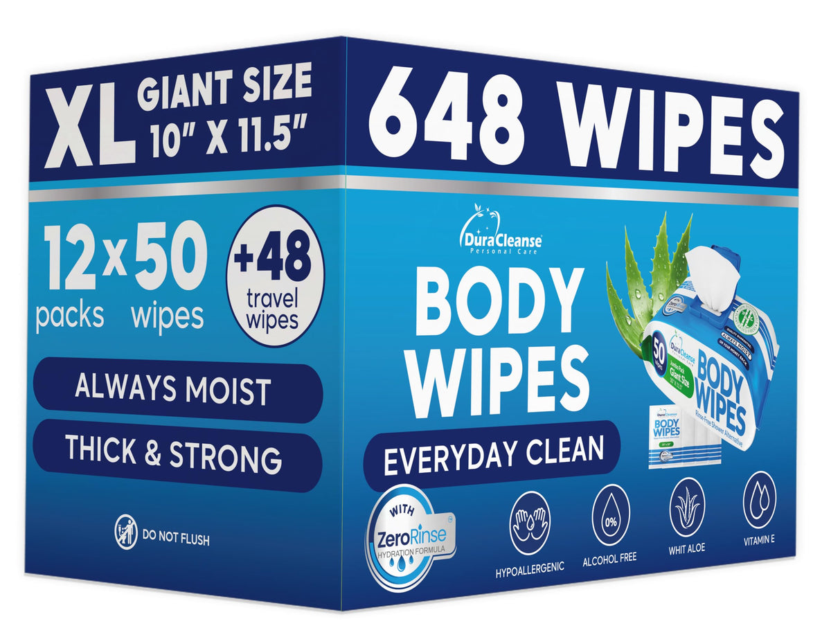 XL Body Wipes for Adults Bathing No Rinse - Shower Wipes & Bath - 50 Ct + 4