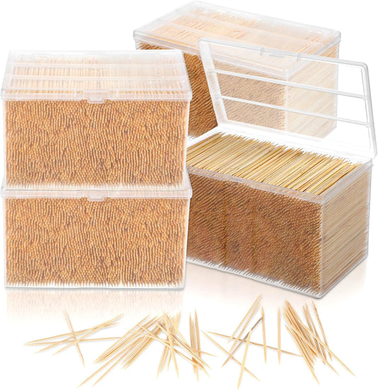 12000 Pcs Bamboo Wooden Toothpicks Wood Round Double Sided Toothpicks with Clear Plastic Storage Box for Appetizers Food Barbecue Fruit Teeth Cleaning Party