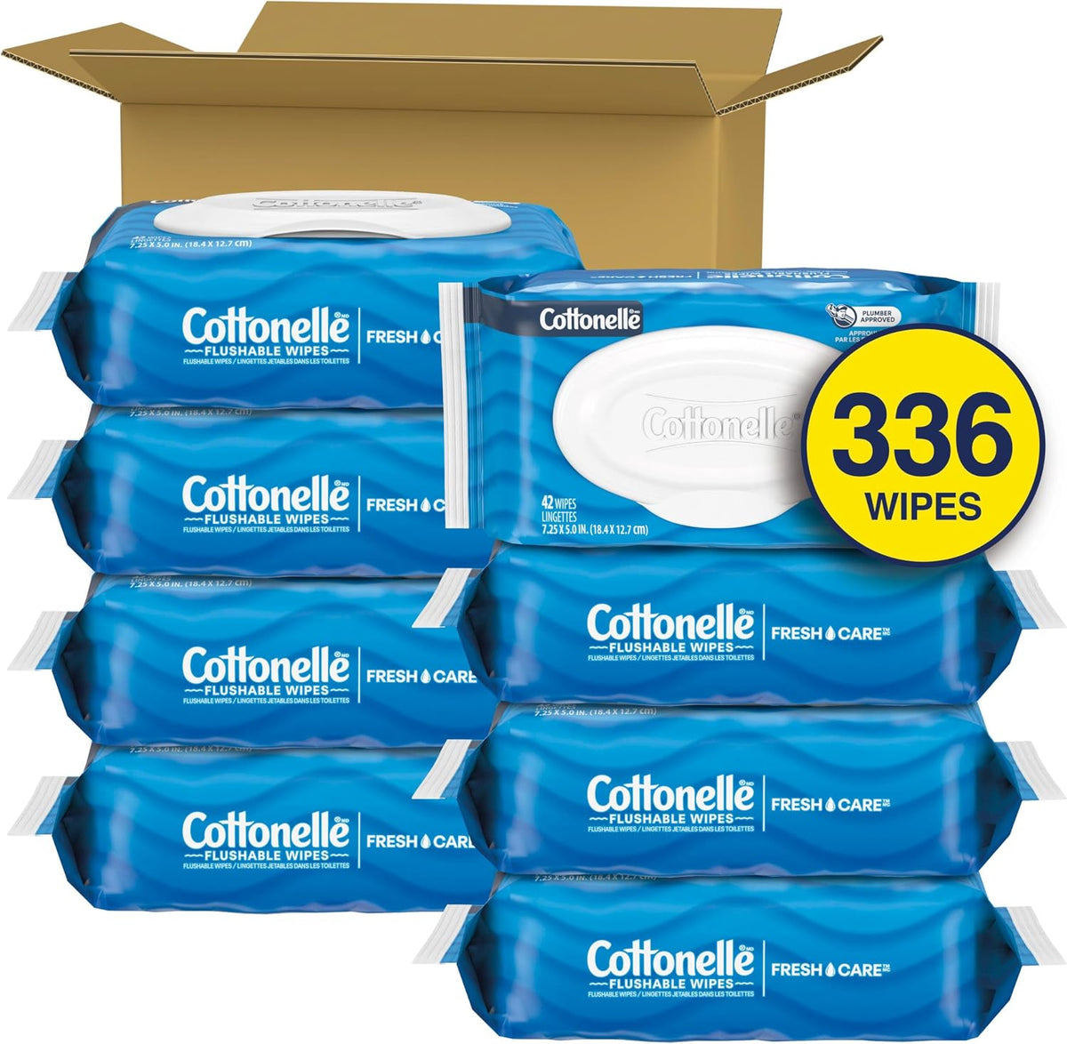 Cottonelle Fresh Feel Flushable Wet Wipes, Adult Wet Wipes, 8 Flip-Top Packs, 42 Wipes Per Pack (336 Total Wipes)