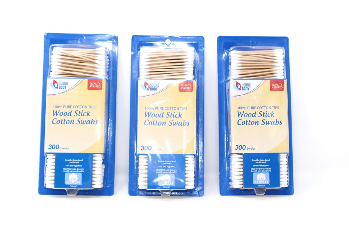 Wood Stick 100% Cotton Swabs by Sound Body - Double Tipped and Cushioned - 3 pack - Total 900 Count