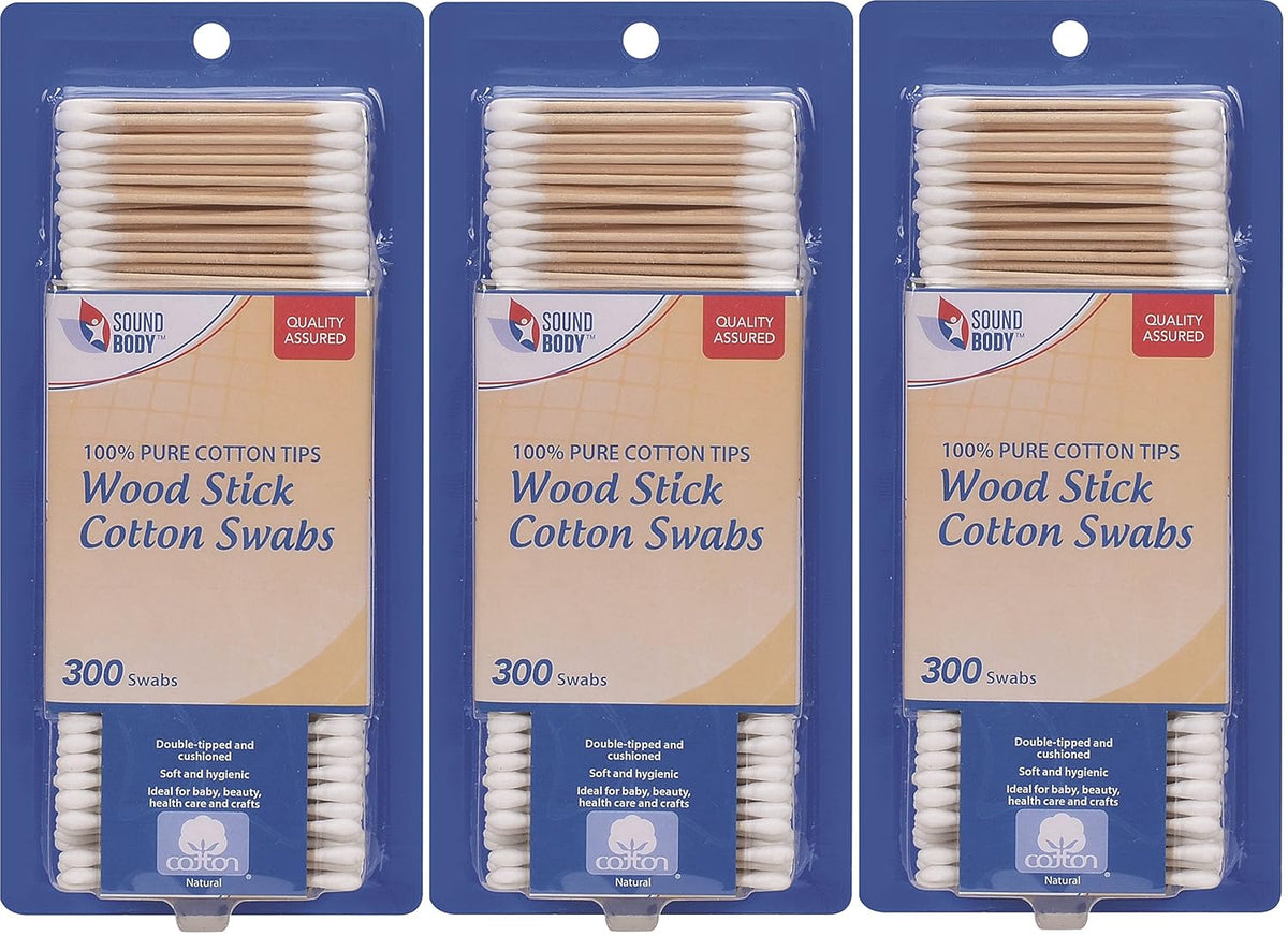 Wood Stick 100% Cotton Swabs by Sound Body - Double Tipped and Cushioned - 3 pack - Total 900 Count