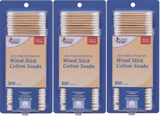 Wood Stick 100% Cotton Swabs by Sound Body - Double Tipped and Cushioned - 3 pack - Total 900 Count