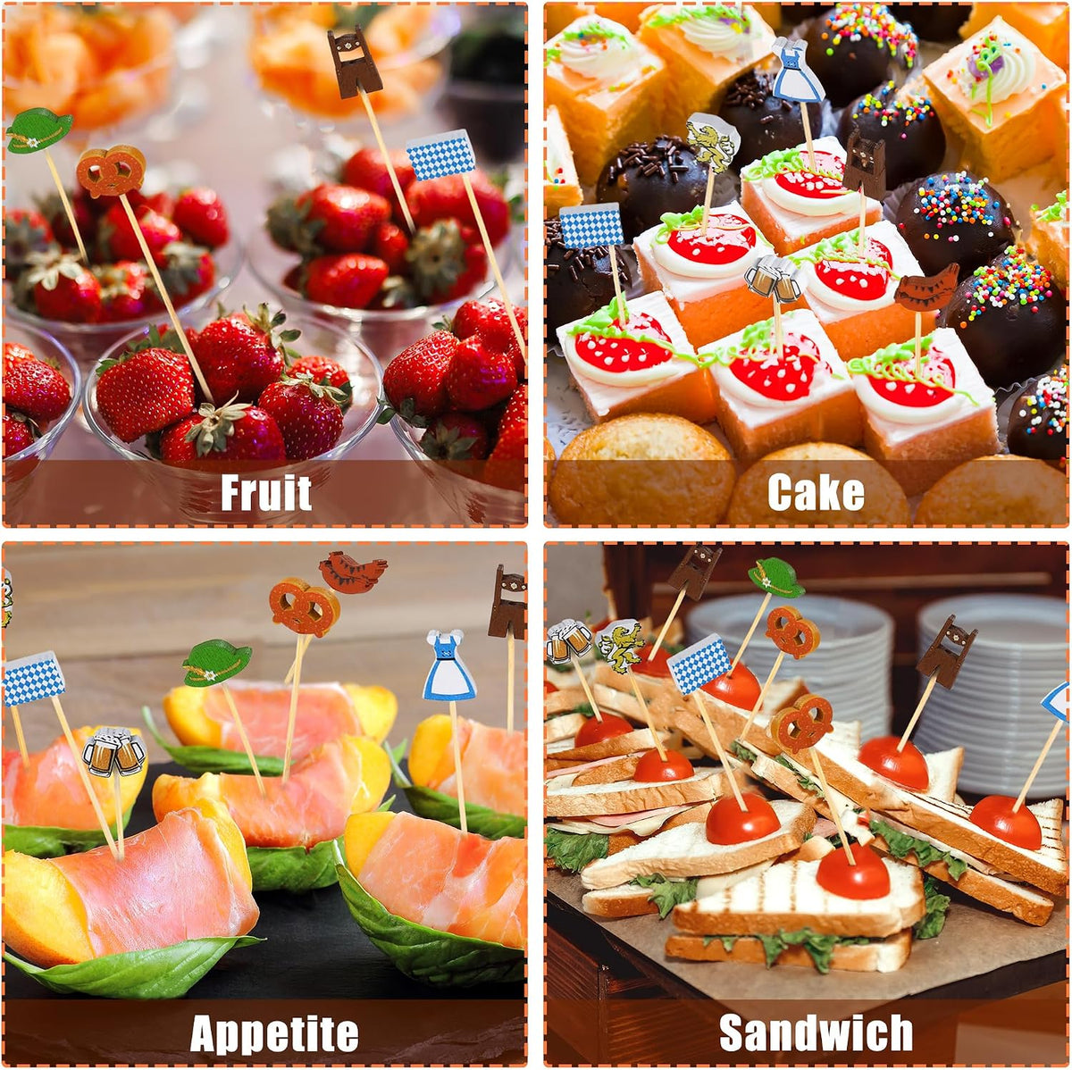 Aodaer 200 Pieces Oktoberfest Wooden Cocktail Picks Appetizer Fruits Bamboo Toothpicks Decorative Cocktail Sticks with Bavarian Flag for Fruits Dessert Appetizer Party Supplies