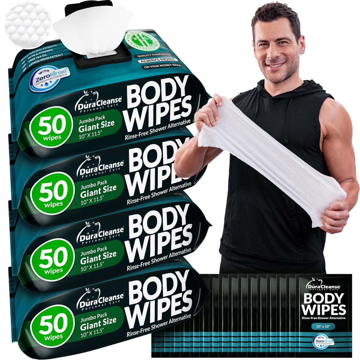 XL Body Wipes for Adults Bathing No Rinse - Shower Wipes & Bath - 50 Ct + 4