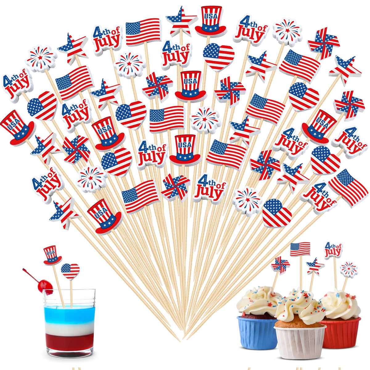 Aodaer 200 Pieces Oktoberfest Wooden Cocktail Picks Appetizer Fruits Bamboo Toothpicks Decorative Cocktail Sticks with Bavarian Flag for Fruits Dessert Appetizer Party Supplies