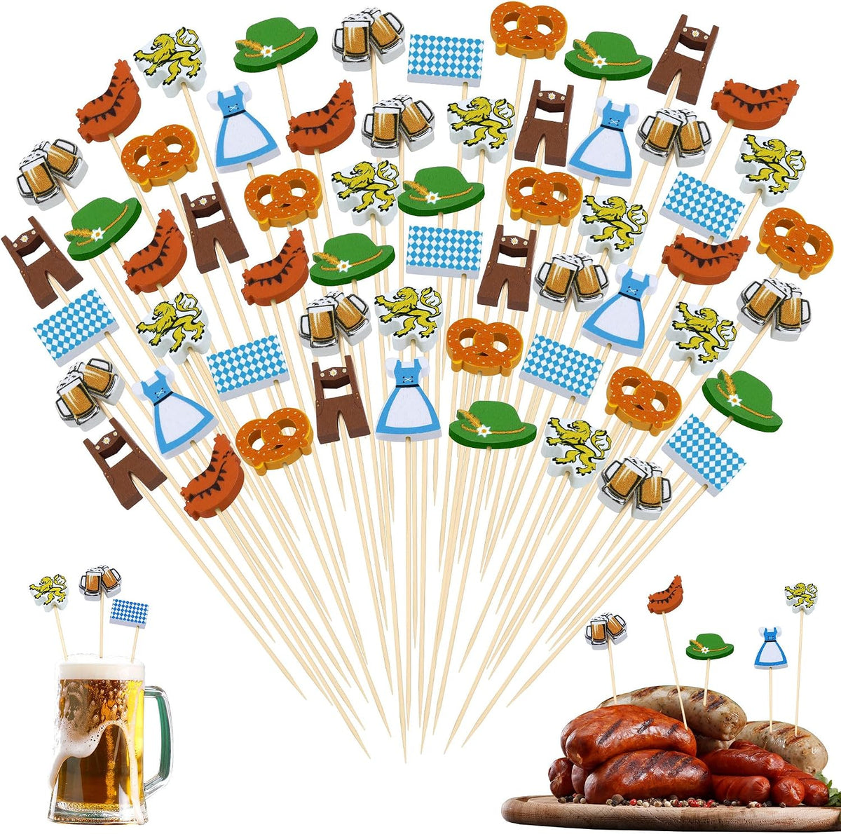 Aodaer 200 Pieces Oktoberfest Wooden Cocktail Picks Appetizer Fruits Bamboo Toothpicks Decorative Cocktail Sticks with Bavarian Flag for Fruits Dessert Appetizer Party Supplies