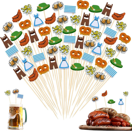 Aodaer 200 Pieces Oktoberfest Wooden Cocktail Picks Appetizer Fruits Bamboo Toothpicks Decorative Cocktail Sticks with Bavarian Flag for Fruits Dessert Appetizer Party Supplies
