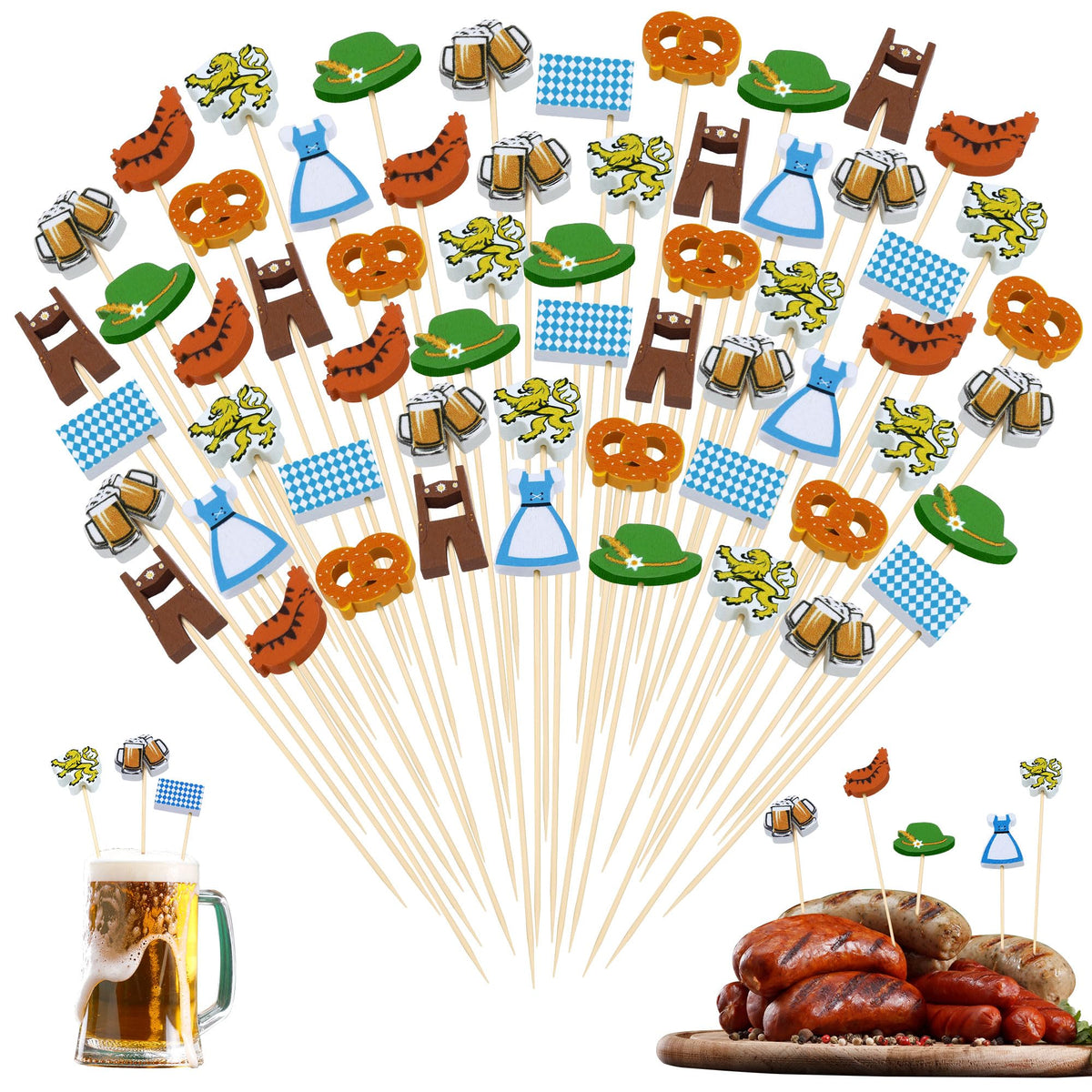 Aodaer 200 Pieces Oktoberfest Wooden Cocktail Picks Appetizer Fruits Bamboo Toothpicks Decorative Cocktail Sticks with Bavarian Flag for Fruits Dessert Appetizer Party Supplies